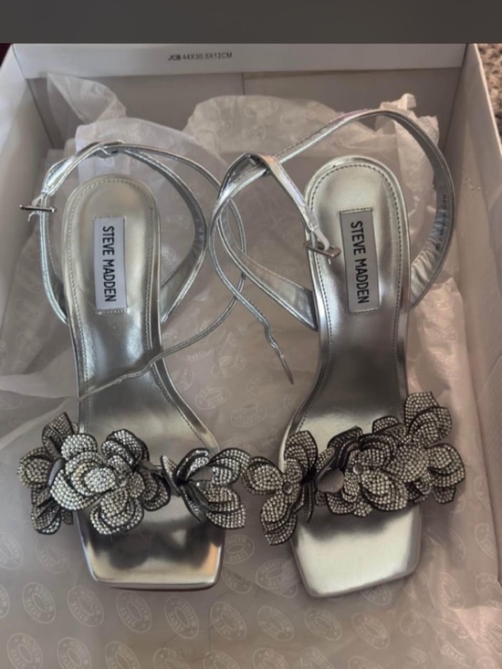 Steve Madden Shoes - Steve Madden “Ulyana” Silver Crystal Floral Strap Heels